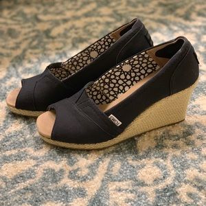 Toms Black Peep Toe Wedge Sandal